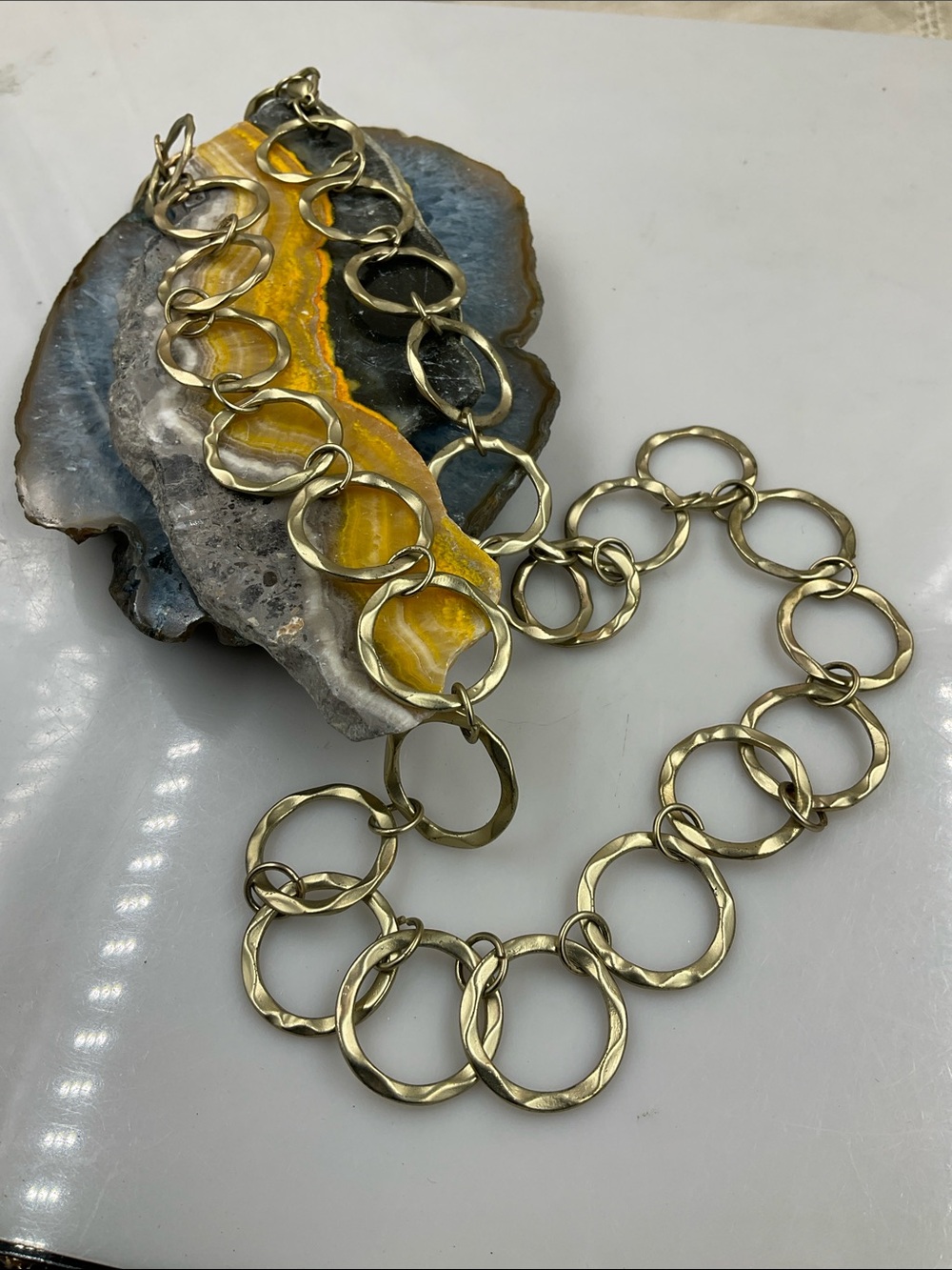 Elegant 30” & 3’Ext. Textured Hammered Gold Circle Link Necklace - Picture 5 of 5